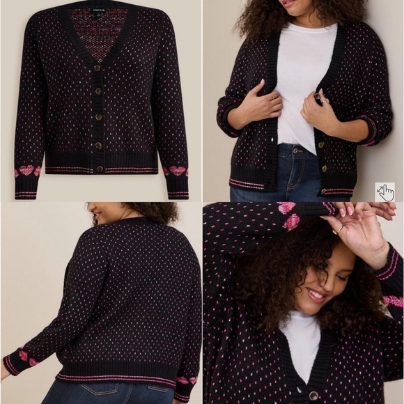 Torrid Cardigan Drop Shoulder V-Neck Button Front Sweater 3X NWT New black pink - Picture 2 of 7